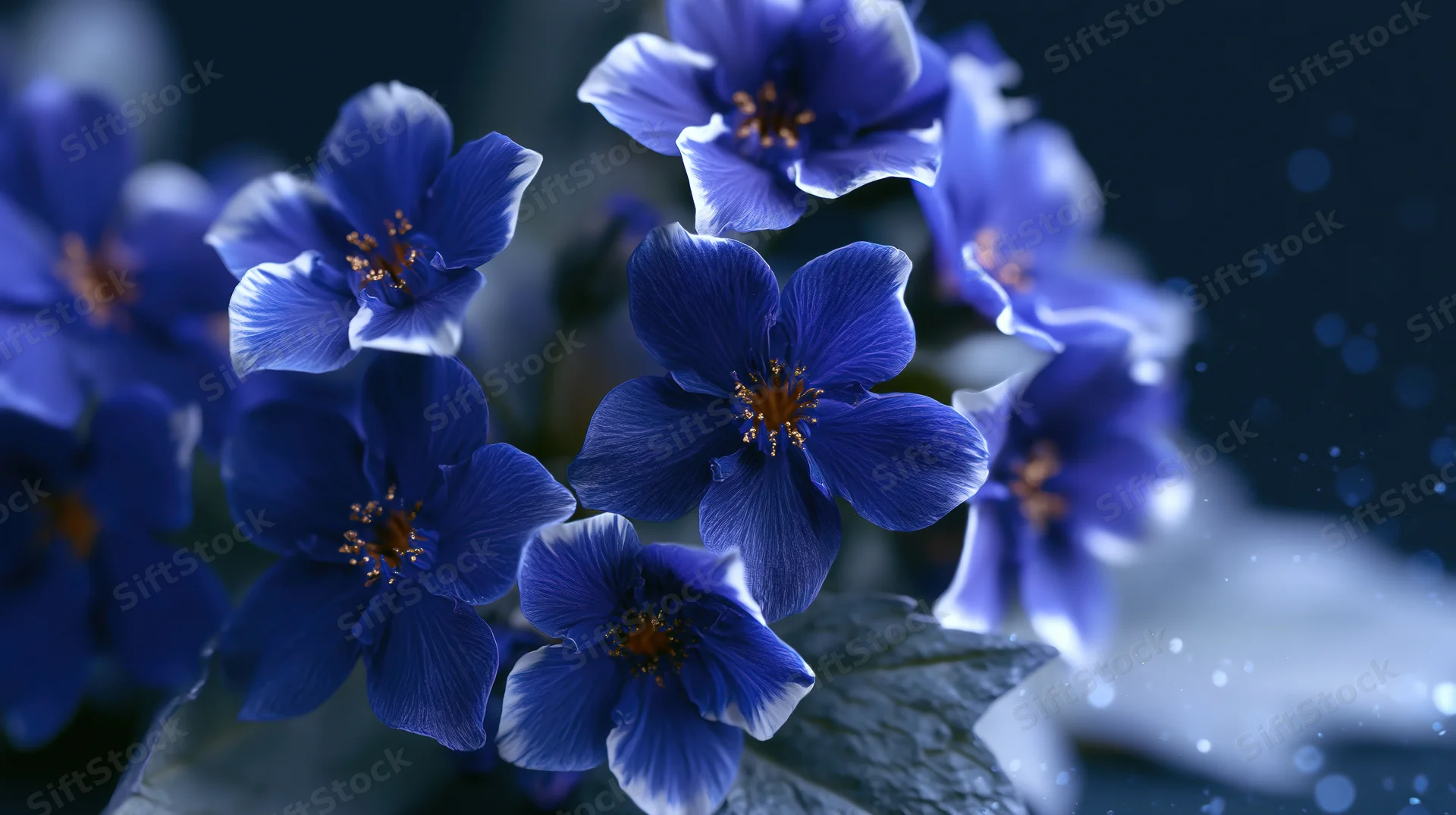 Close-up cluster of blue wildflowers with golden stamens in soft focus against dark background