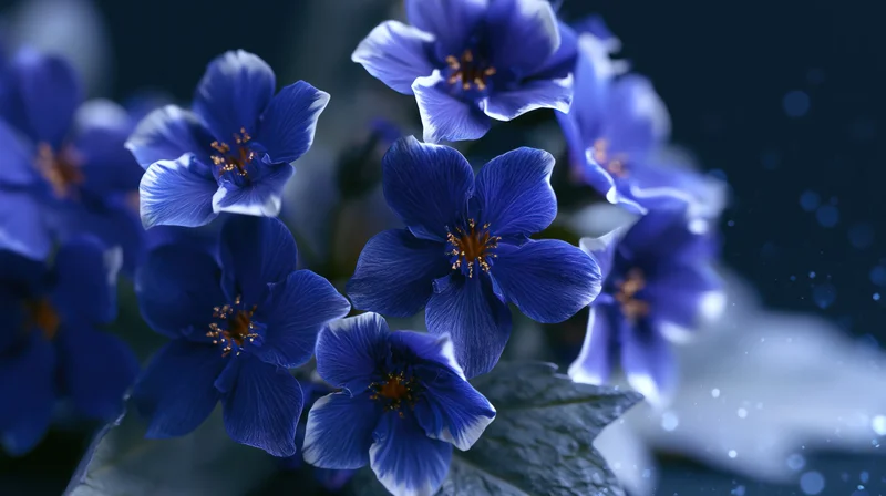 Close-up cluster of blue wildflowers with golden stamens in soft focus against dark background