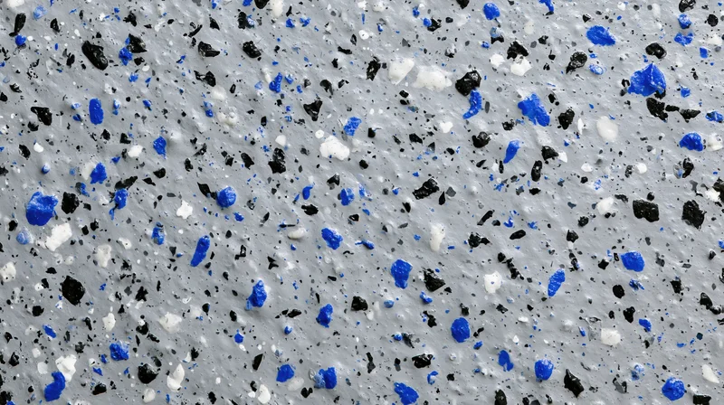 Close-up of grey epoxy floor with blue black and white speckles