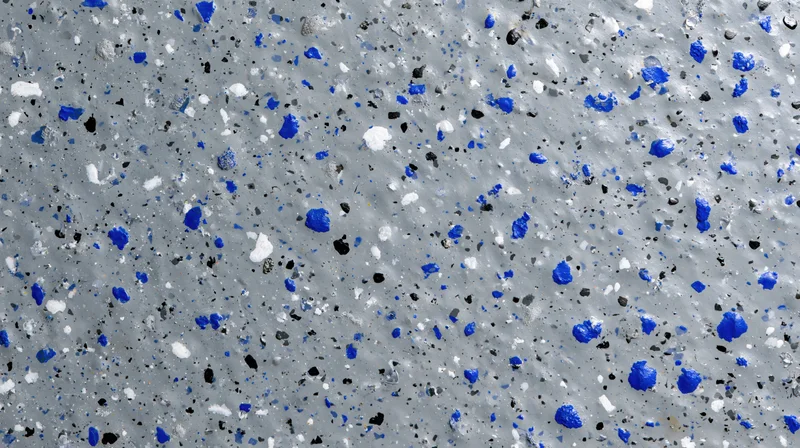Close-up of a grey epoxy-coated concrete floor with blue, white and black speckles