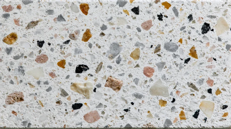 Close-up of terrazzo floor surface with embedded stone chips in white matrix
