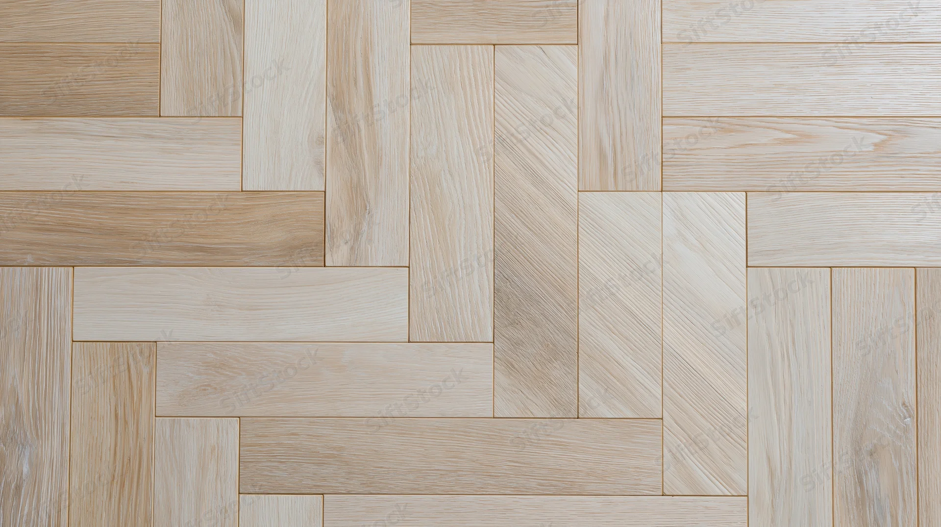 Close-up of light bleached oak herringbone parquet flooring with natural wood grain pattern