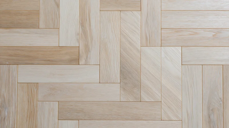 Close-up of light bleached oak herringbone parquet flooring with natural wood grain pattern