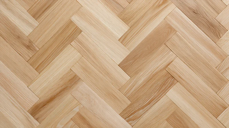 Close-up of light bleached oak herringbone parquet flooring surface