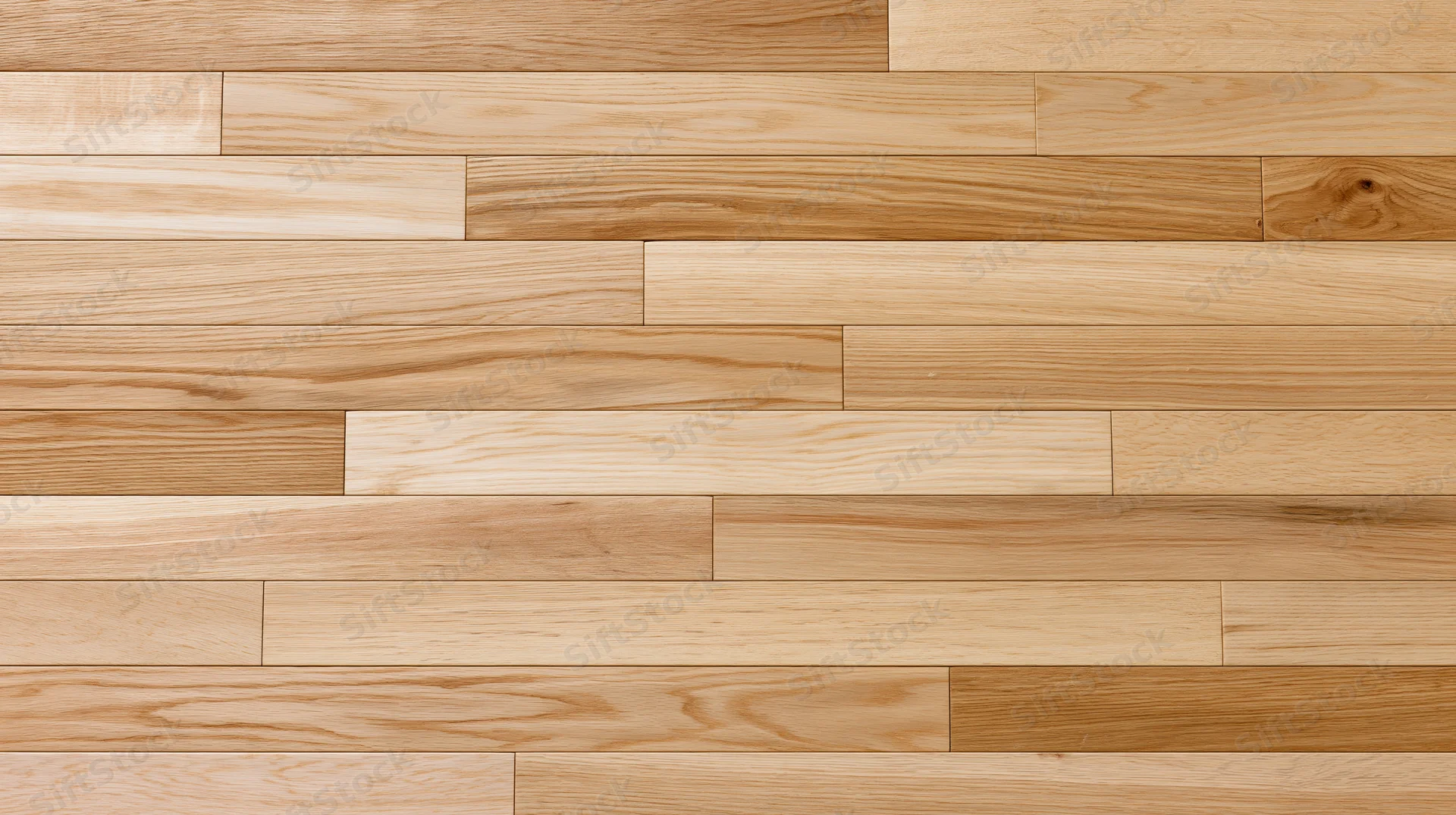 Close-up of light oak hardwood floor planks arranged in staggered pattern