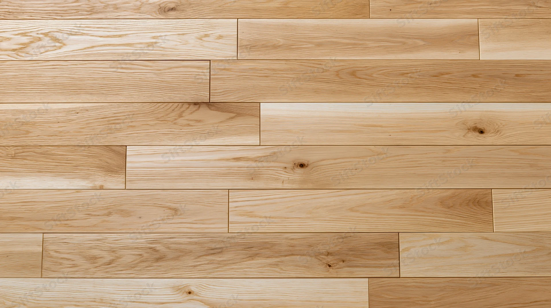 Close-up of light oak hardwood floor planks arranged in a staggered pattern