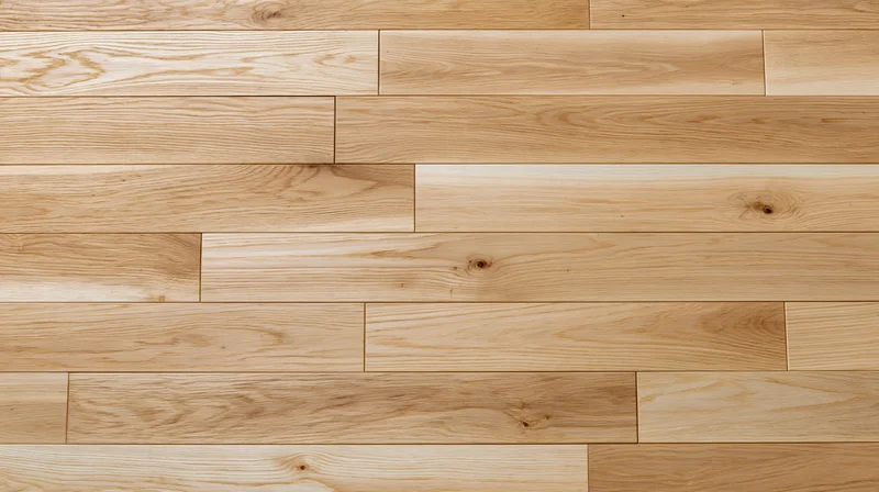 Close-up of light oak hardwood floor planks arranged in a staggered pattern
