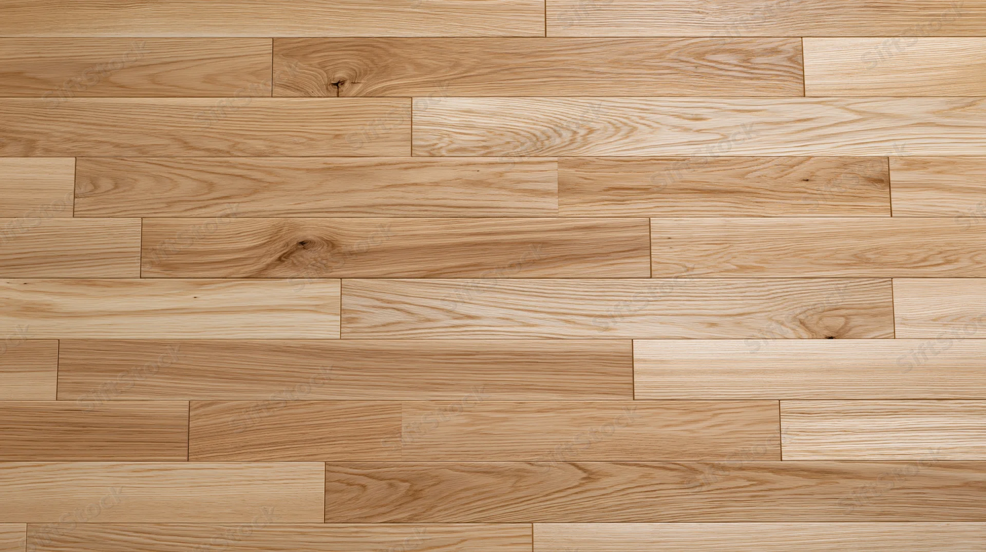 Close-up of light oak hardwood floor planks arranged in a staggered pattern