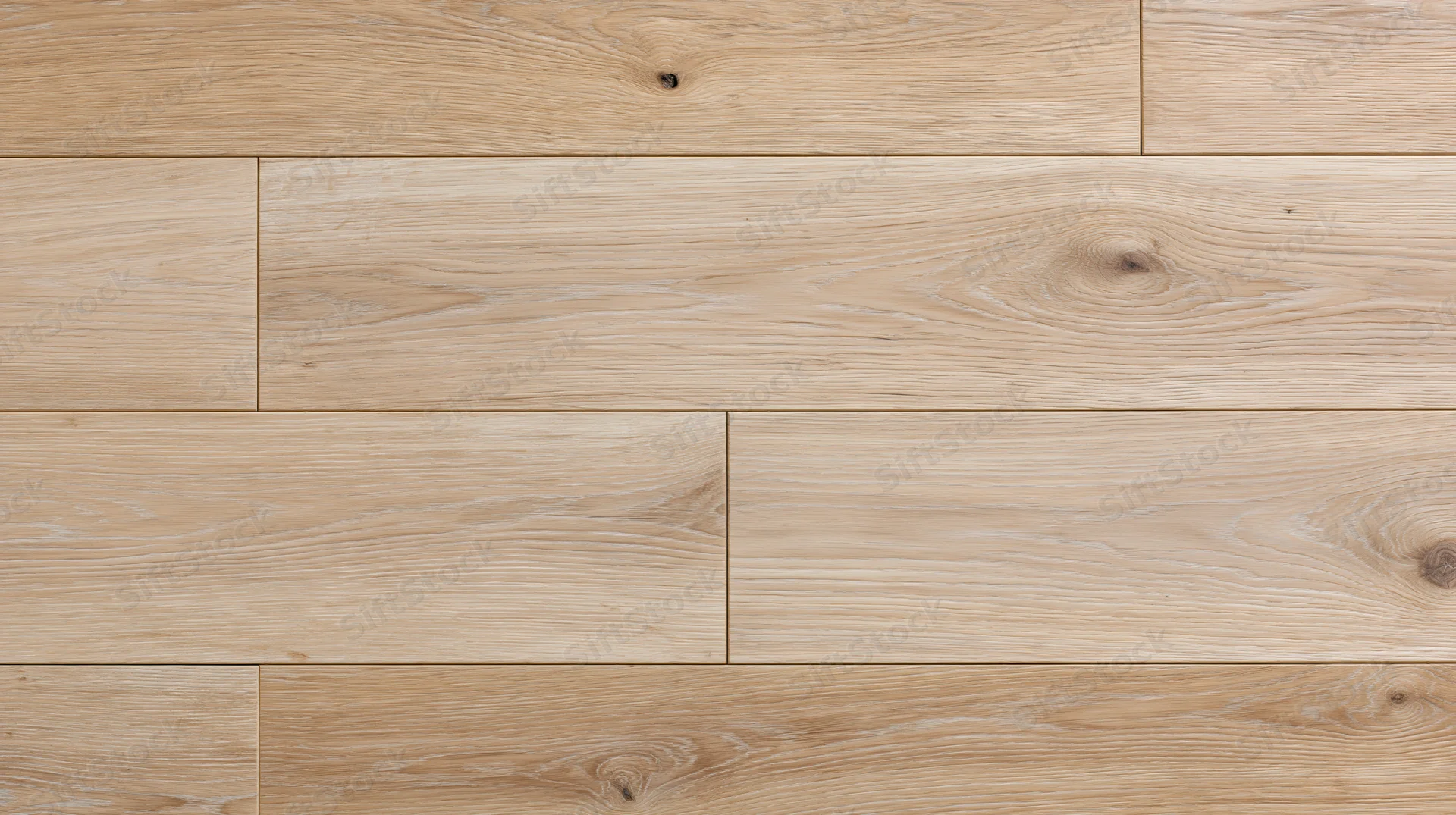 Close-up of light oak hardwood flooring planks arranged in a staggered pattern