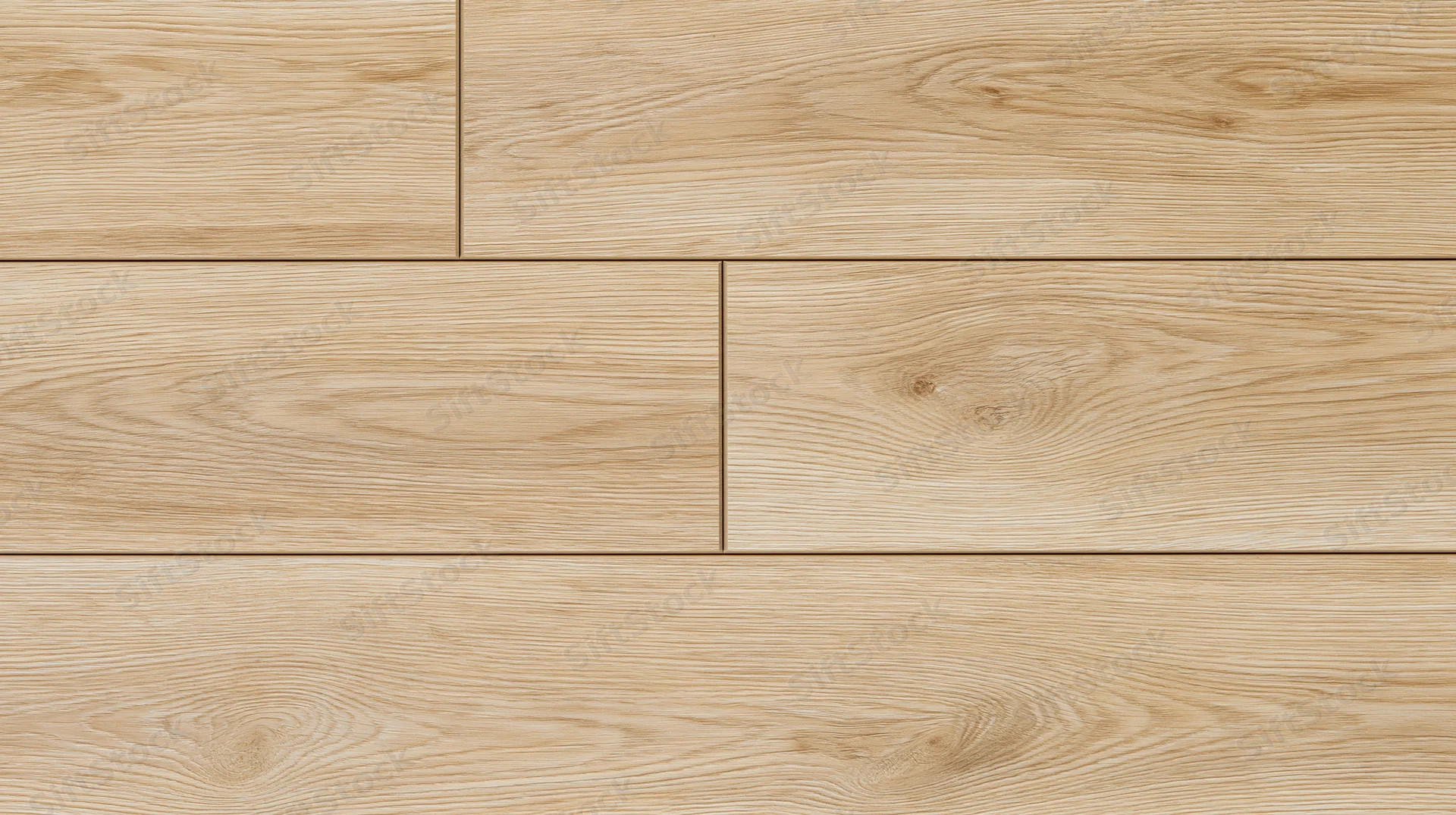 Close-up of light oak laminate flooring planks arranged in a staggered pattern