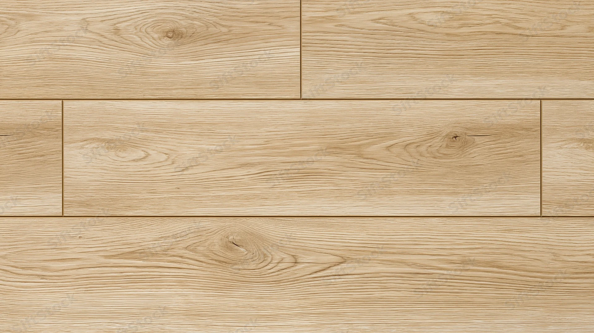 Close-up of light oak laminate flooring planks laid in a staggered pattern on a flat surface