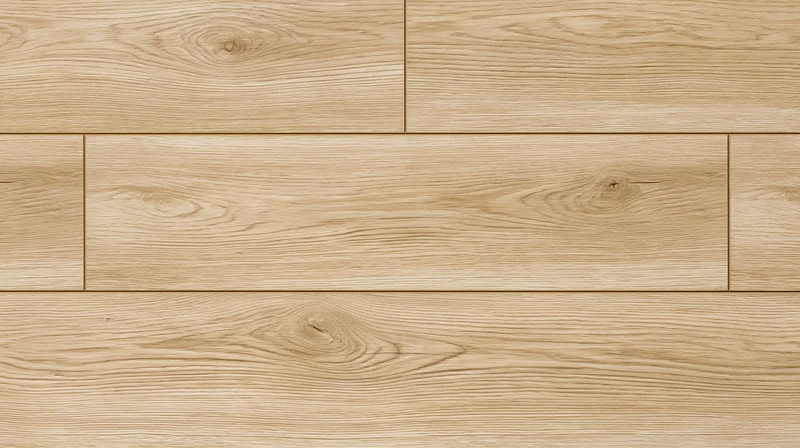 Close-up of light oak laminate flooring planks laid in a staggered pattern on a flat surface