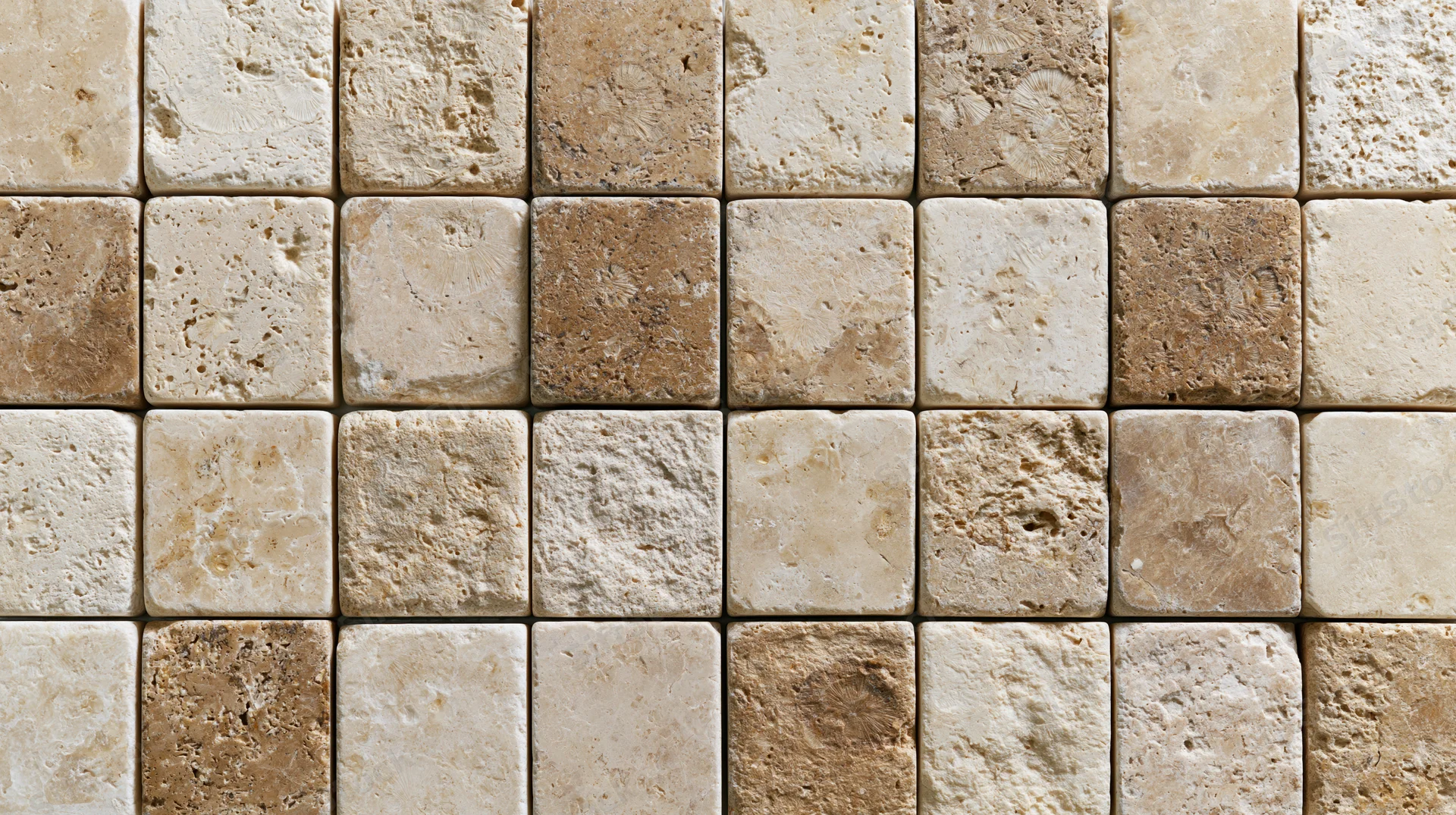 Close-up of travertine stone tiles arranged in a grid pattern on a wall