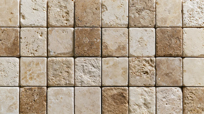 Close-up of travertine stone tiles arranged in a grid pattern on a wall