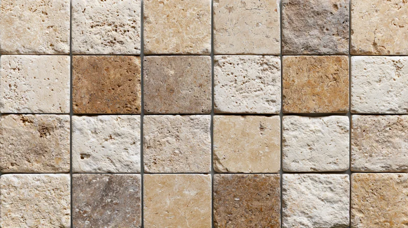 Close-up of travertine stone tiles arranged in a grid pattern on a wall
