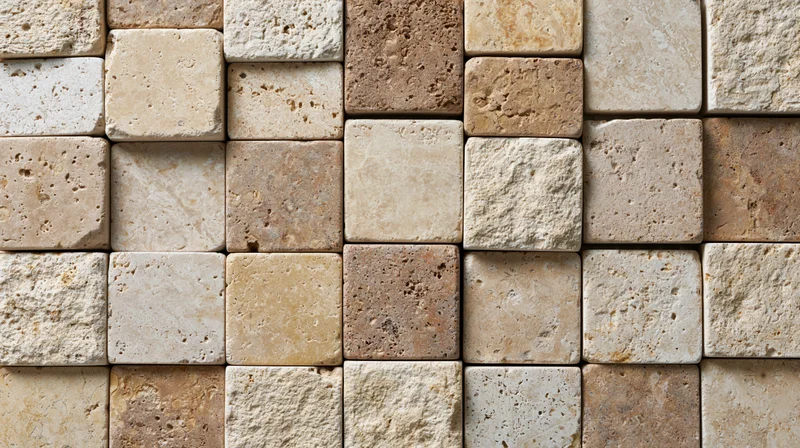 Close-up of travertine stone tiles arranged in a grid pattern on a wall