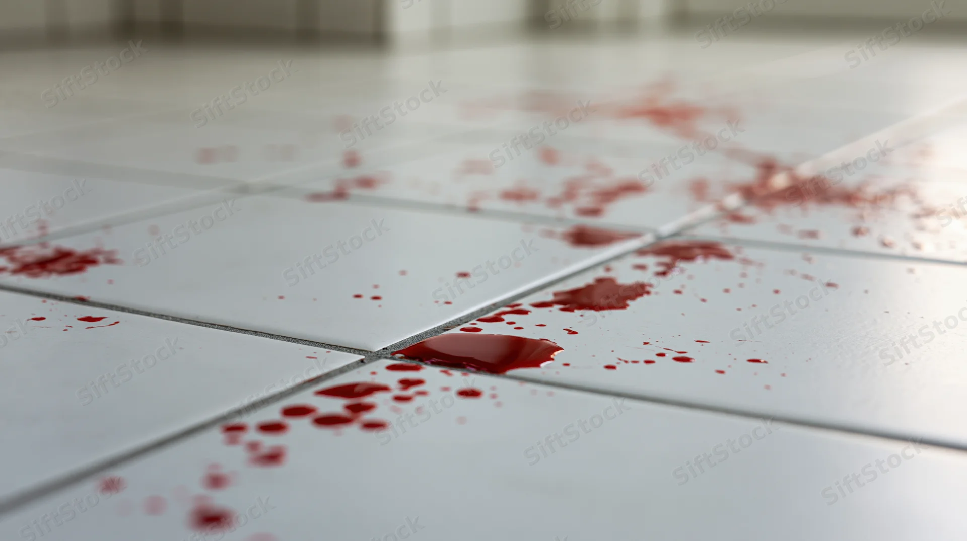 Red liquid droplets scattered across white tiled floor at ground level