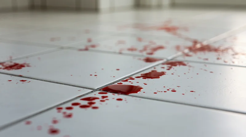 Red liquid droplets scattered across white tiled floor at ground level