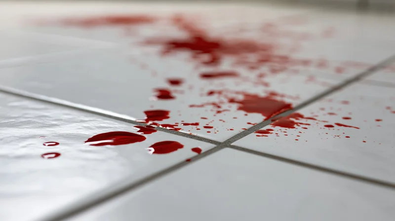 Red liquid droplets and splatters on white tiled floor at ground level