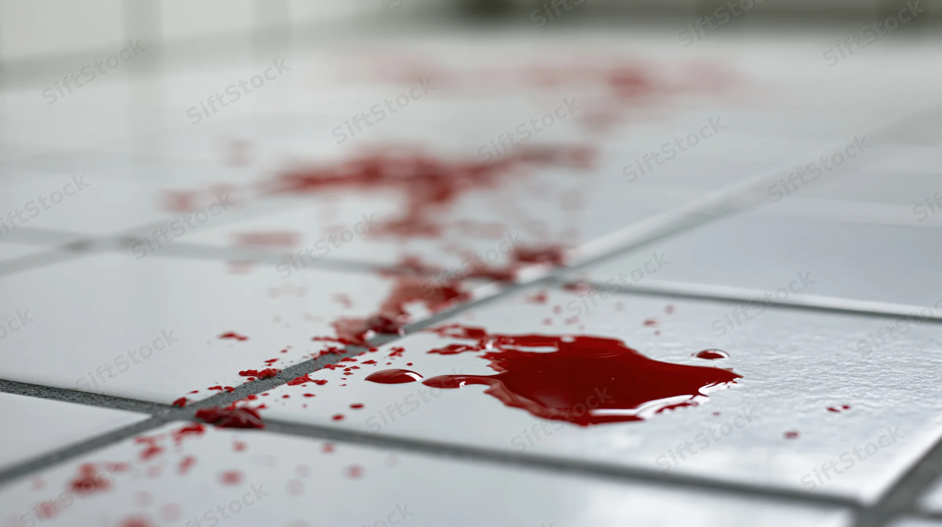 Fresh blood droplets and splatters on a white tiled floor, close-up ground-level view