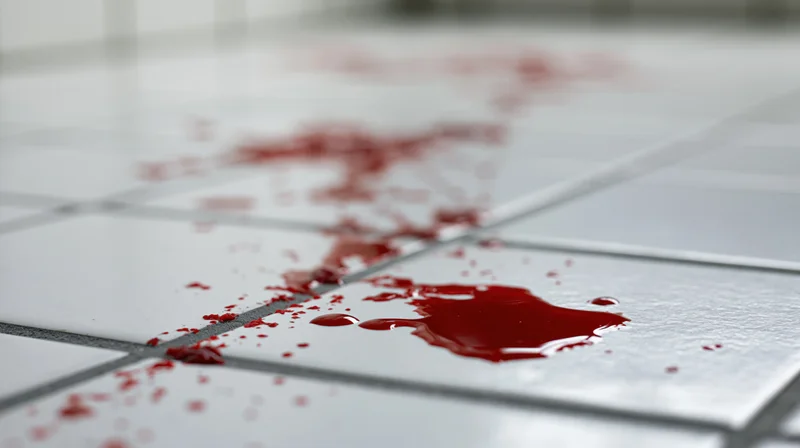 Fresh blood droplets and splatters on a white tiled floor, close-up ground-level view
