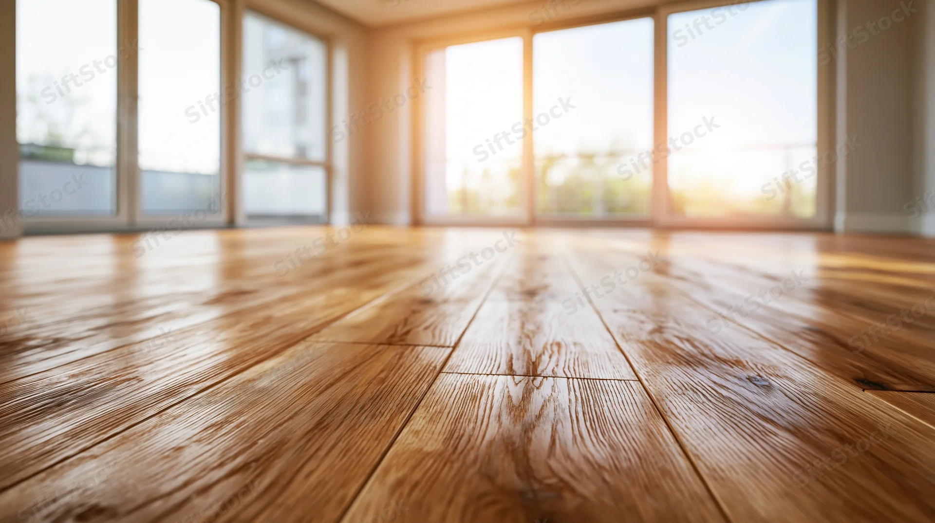 Close-up of warm brown hardwood floor planks in a sunlit empty room