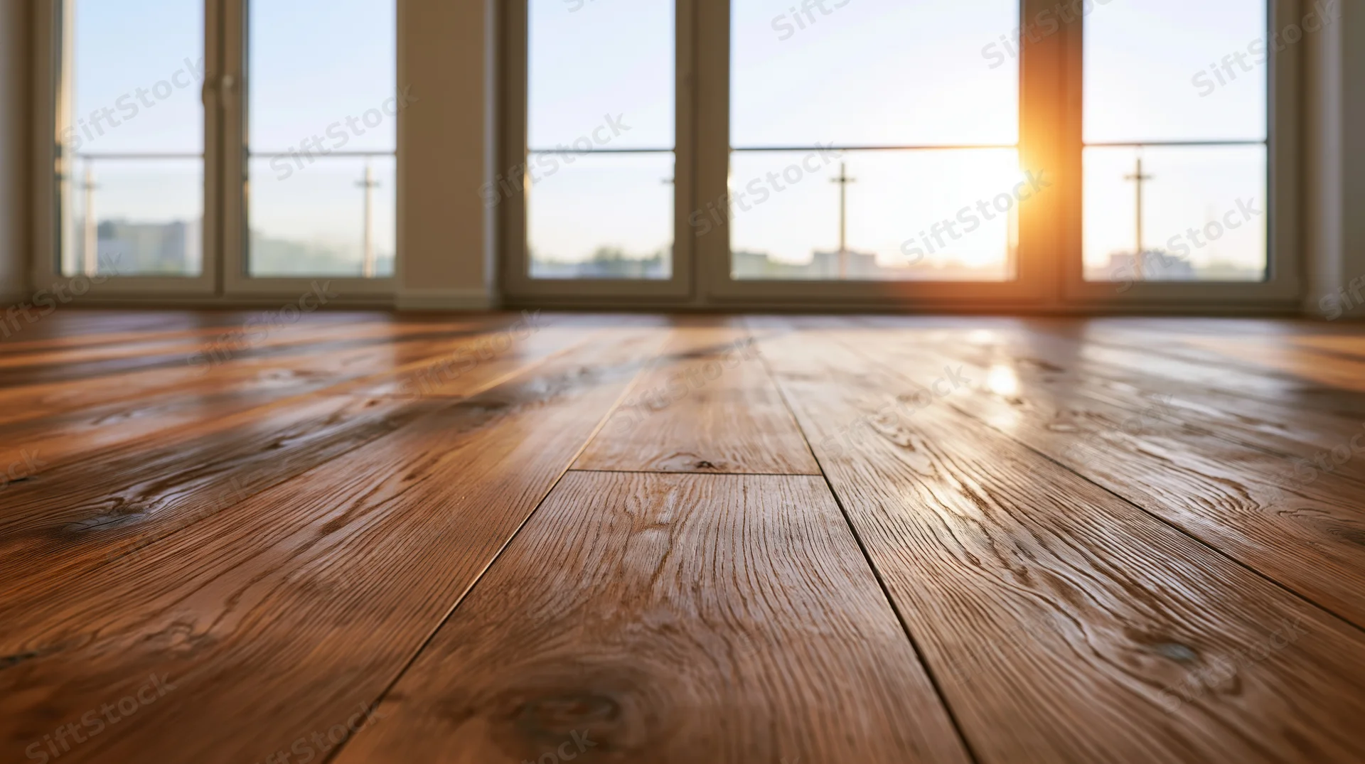 Close-up of warm brown hardwood floor planks in a sunlit room with windows overlooking a balcony