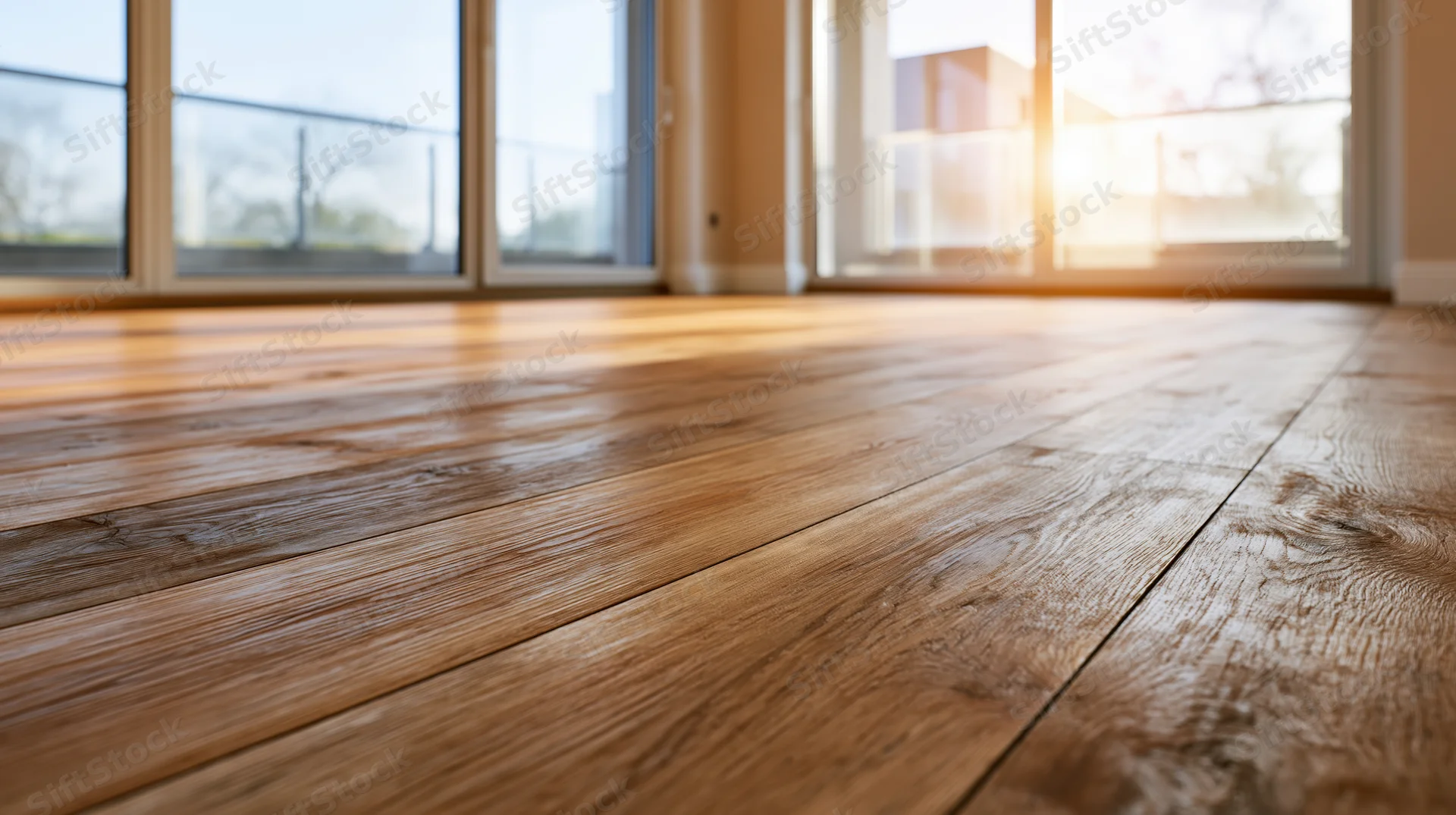 Warm brown hardwood floor planks in a sunlit room with large windows