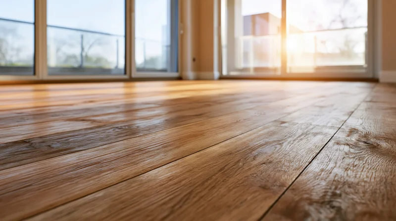 Warm brown hardwood floor planks in a sunlit room with large windows