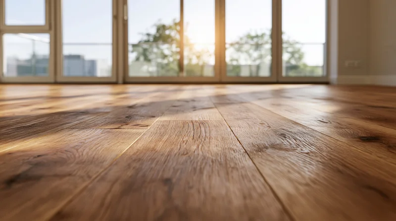 Close-up of warm brown hardwood floor planks in a sunlit modern room with glass doors leading to a balcony