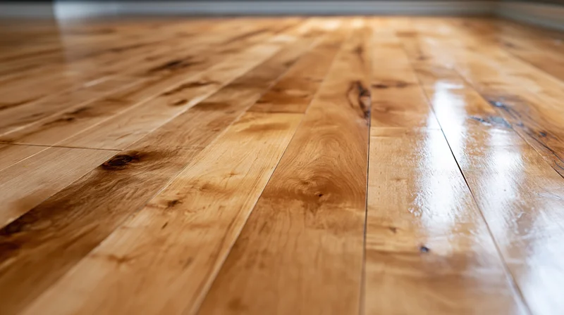 Close-up low-angle view of freshly finished hardwood plank flooring in a home interior