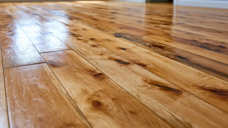 Close-up of polished hardwood planks on a floor showing natural wood grain and glossy finish