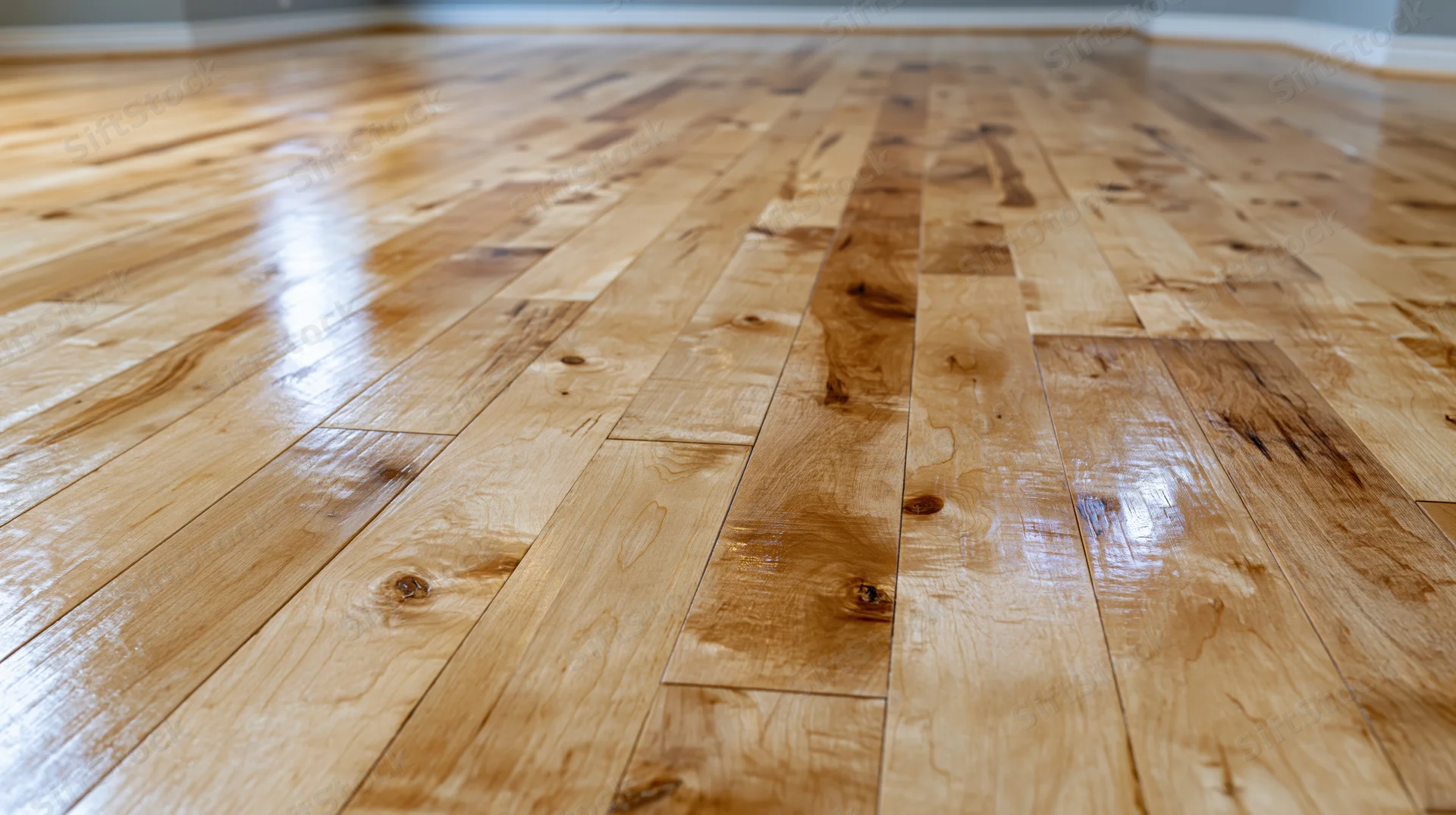 Close-up low-angle view of freshly finished hardwood plank flooring in a room