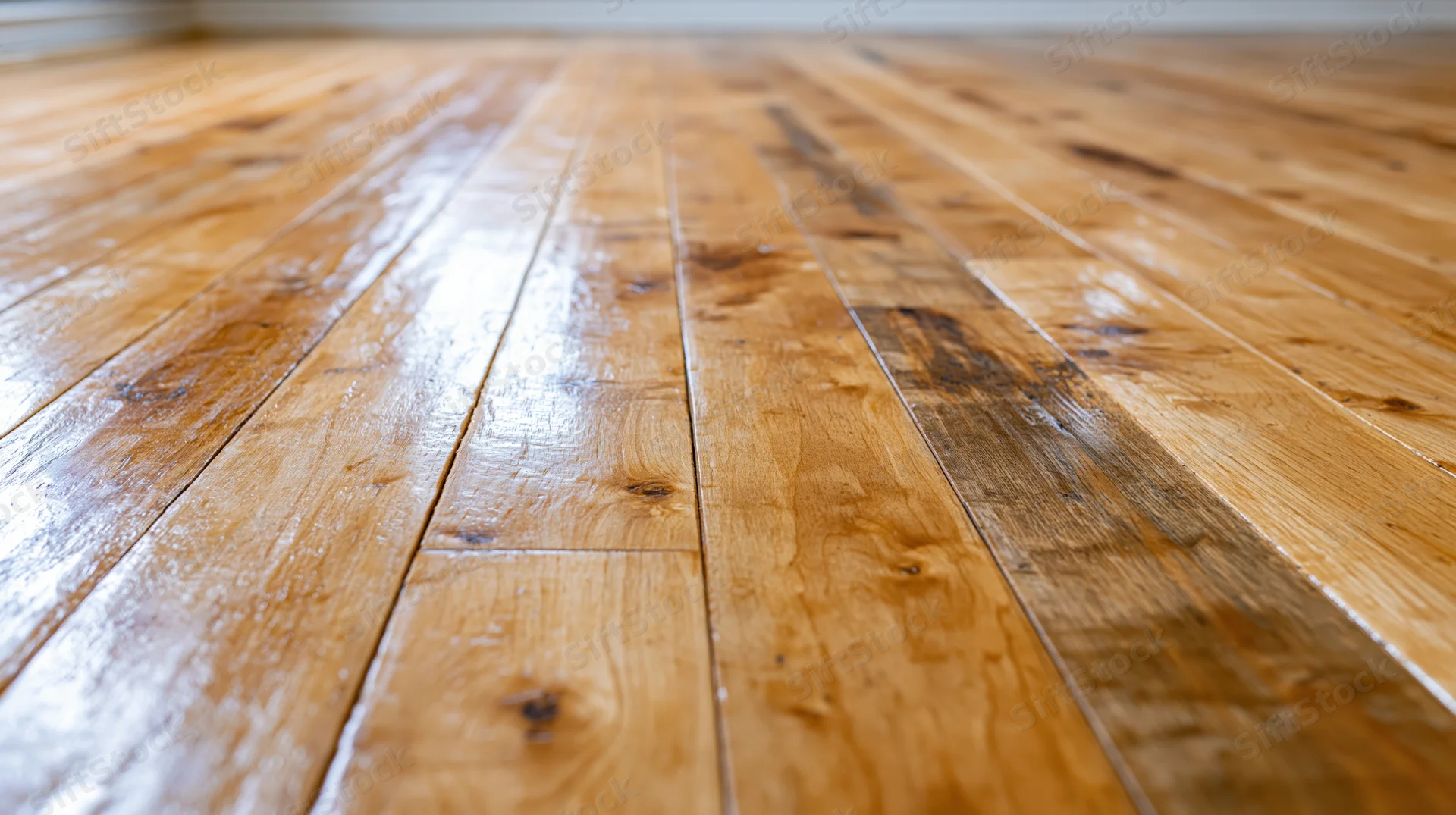 Close-up low-angle view of polished hardwood floor planks in a room interior
