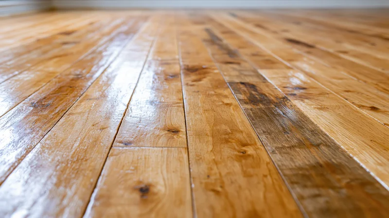 Close-up low-angle view of polished hardwood floor planks in a room interior