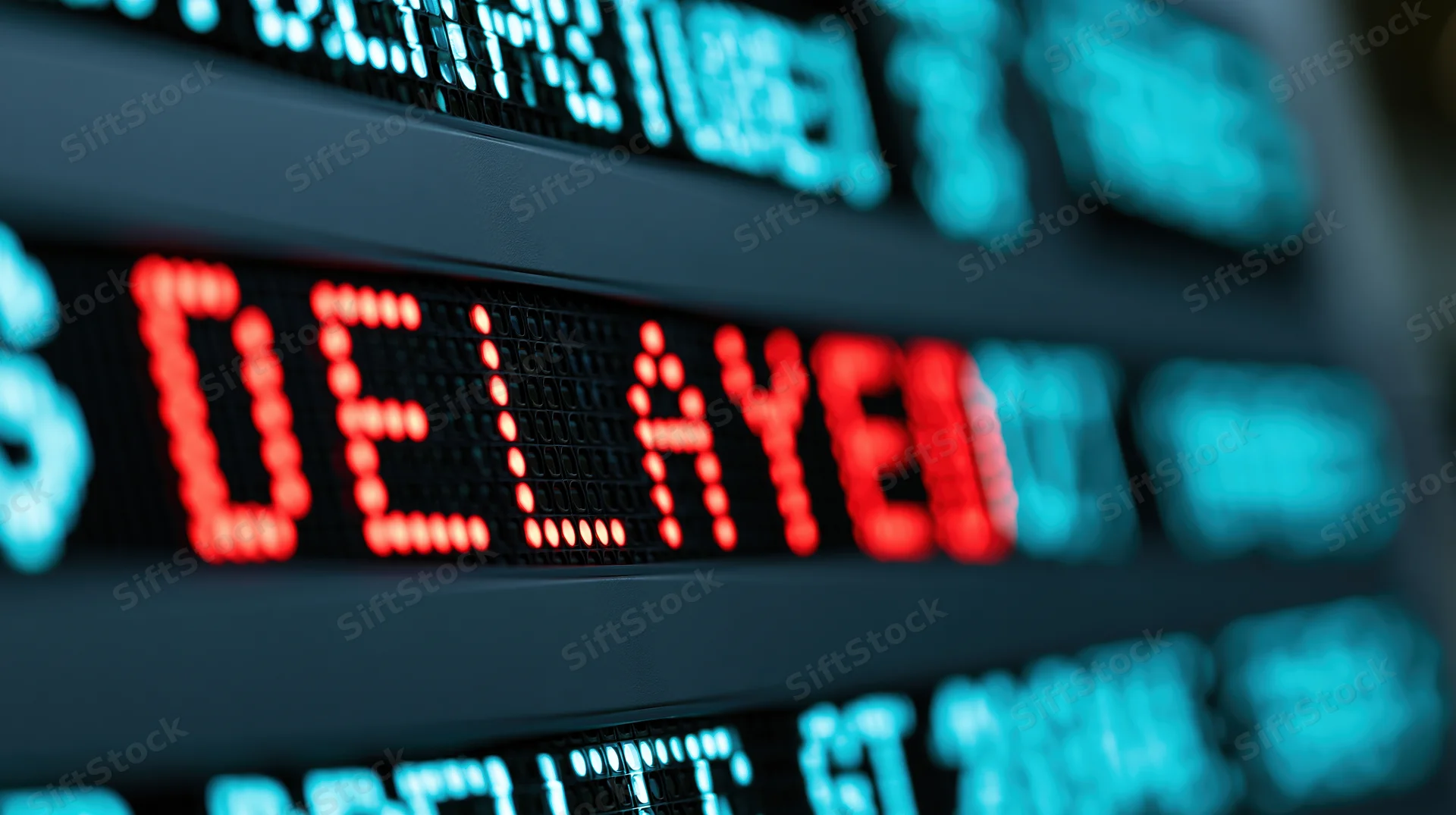 Close-up of airport departure board led display showing delayed flight in red text