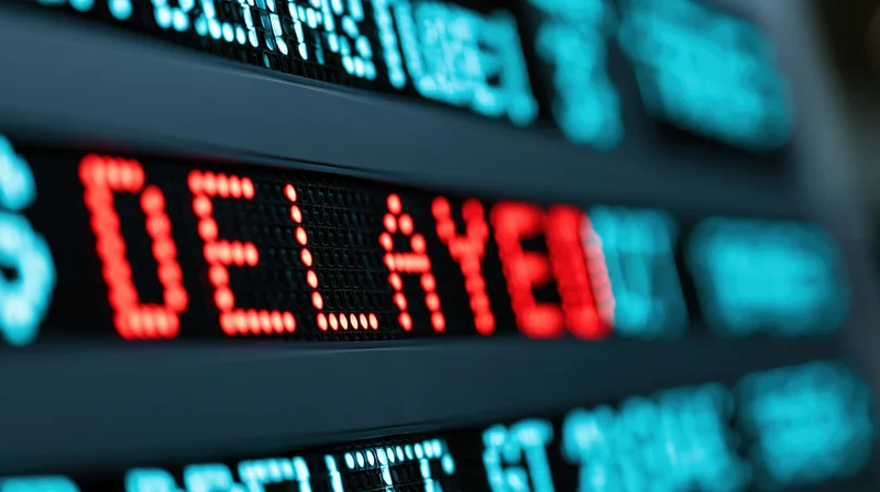 Close-up of airport departure board led display showing delayed flight in red text