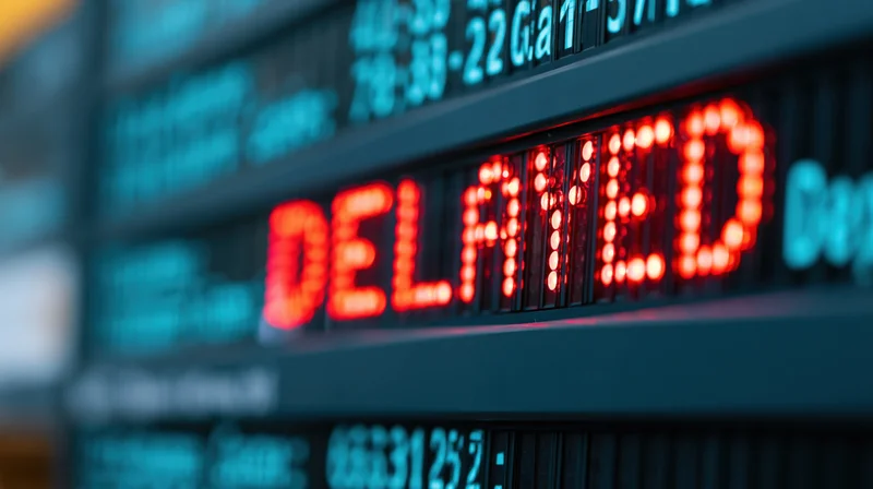 Red led text reading delayed on airport departure board display