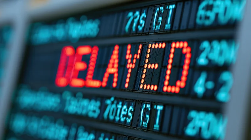 Close-up of airport departure board led display showing delayed flight in red text
