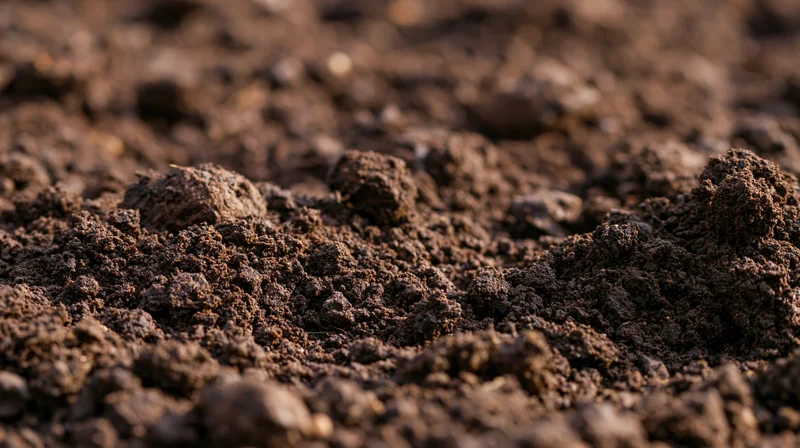 Close-up of freshly tilled dark garden soil with rich texture and organic matter visible