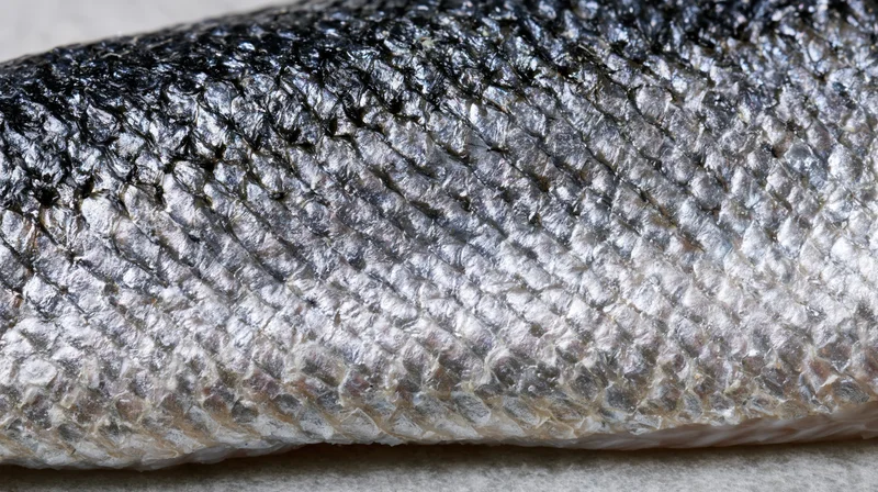 Close-up of raw salmon fish skin showing detailed scales and texture on a neutral surface