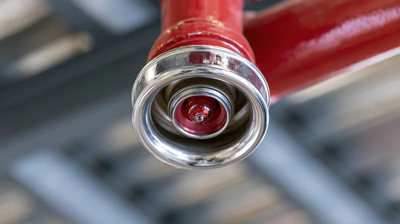 Close-up of a red fire suppression sprinkler head mounted on a metal pipe in an industrial ceiling