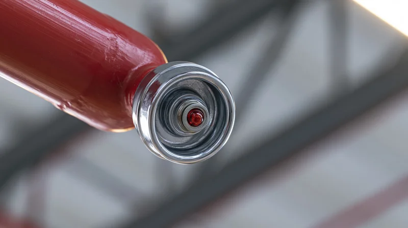 Close-up of a red fire suppression sprinkler head mounted on a ceiling pipe