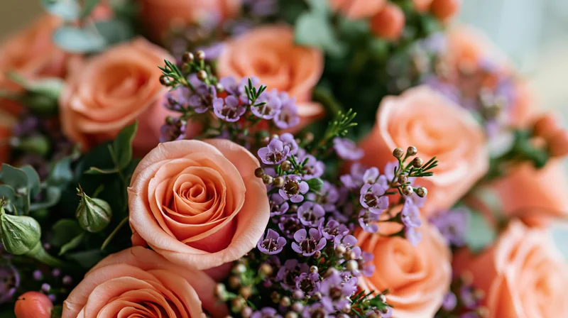 Close-up of a salmon-pink rose bouquet with purple filler flowers and greenery