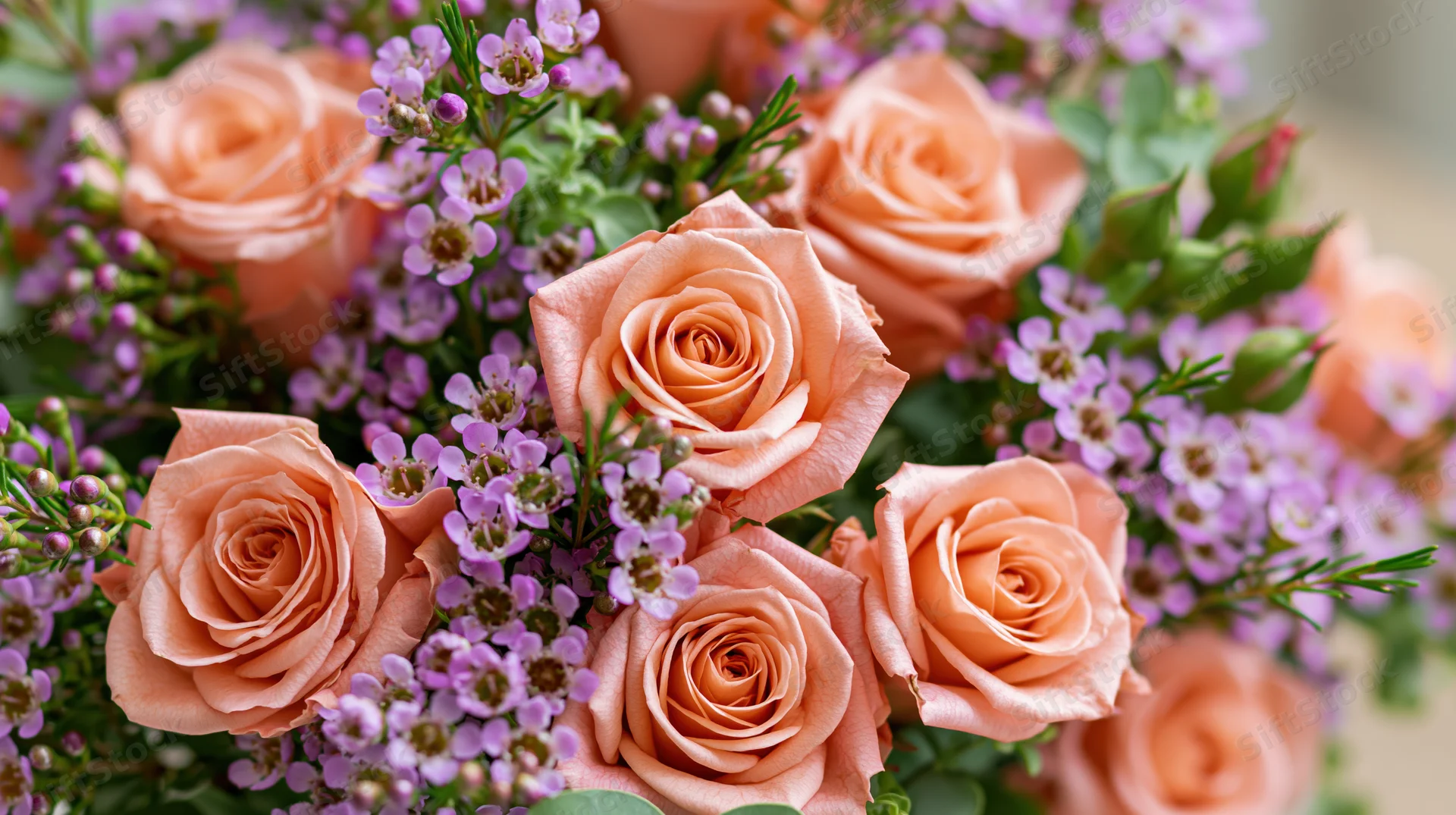Close-up of a salmon-pink rose bouquet with purple heather and green foliage