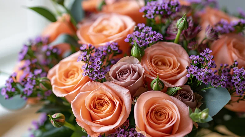 Close-up of a salmon-pink rose bouquet with purple filler flowers and greenery