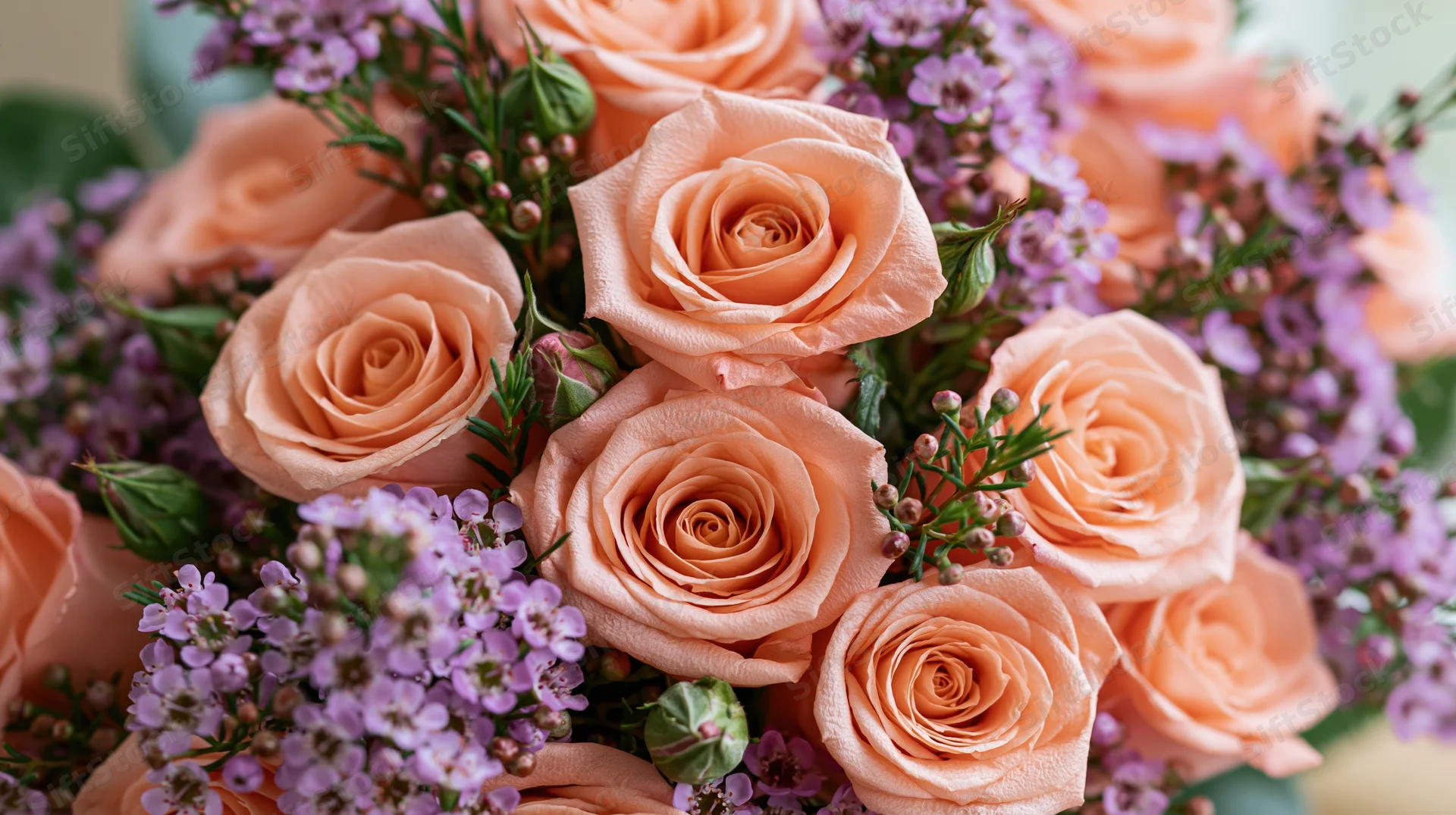 Close-up of a salmon-pink rose bouquet with purple filler flowers and greenery