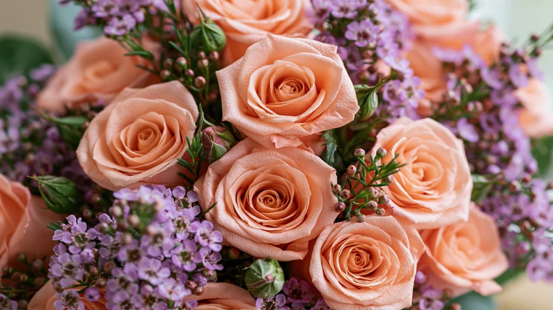 Close-up of a salmon-pink rose bouquet with purple filler flowers and greenery