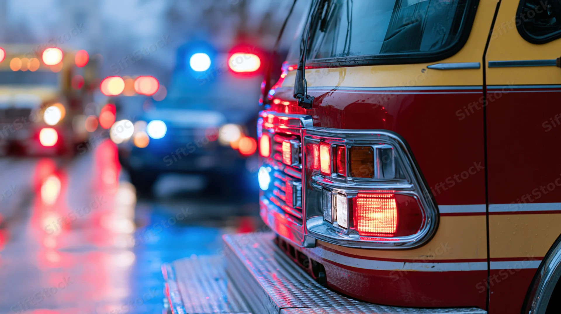 Close-up of a red fire truck's front cab with flashing emergency lights on a wet road at night