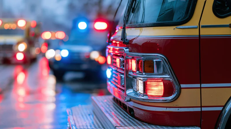 Close-up of a red fire truck's front cab with flashing emergency lights on a wet road at night